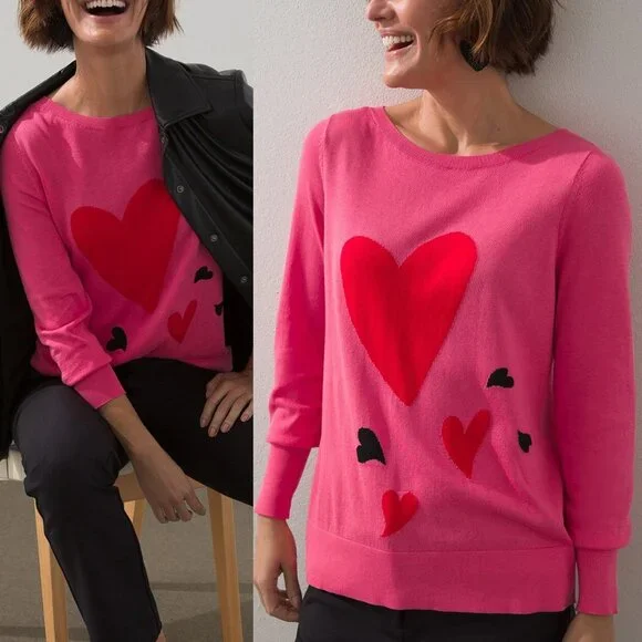 Chico’s Big Heart Pink Pullover Sweater Lightweight Jumper Plus Size XXL $90 - Picture 1 of 16
